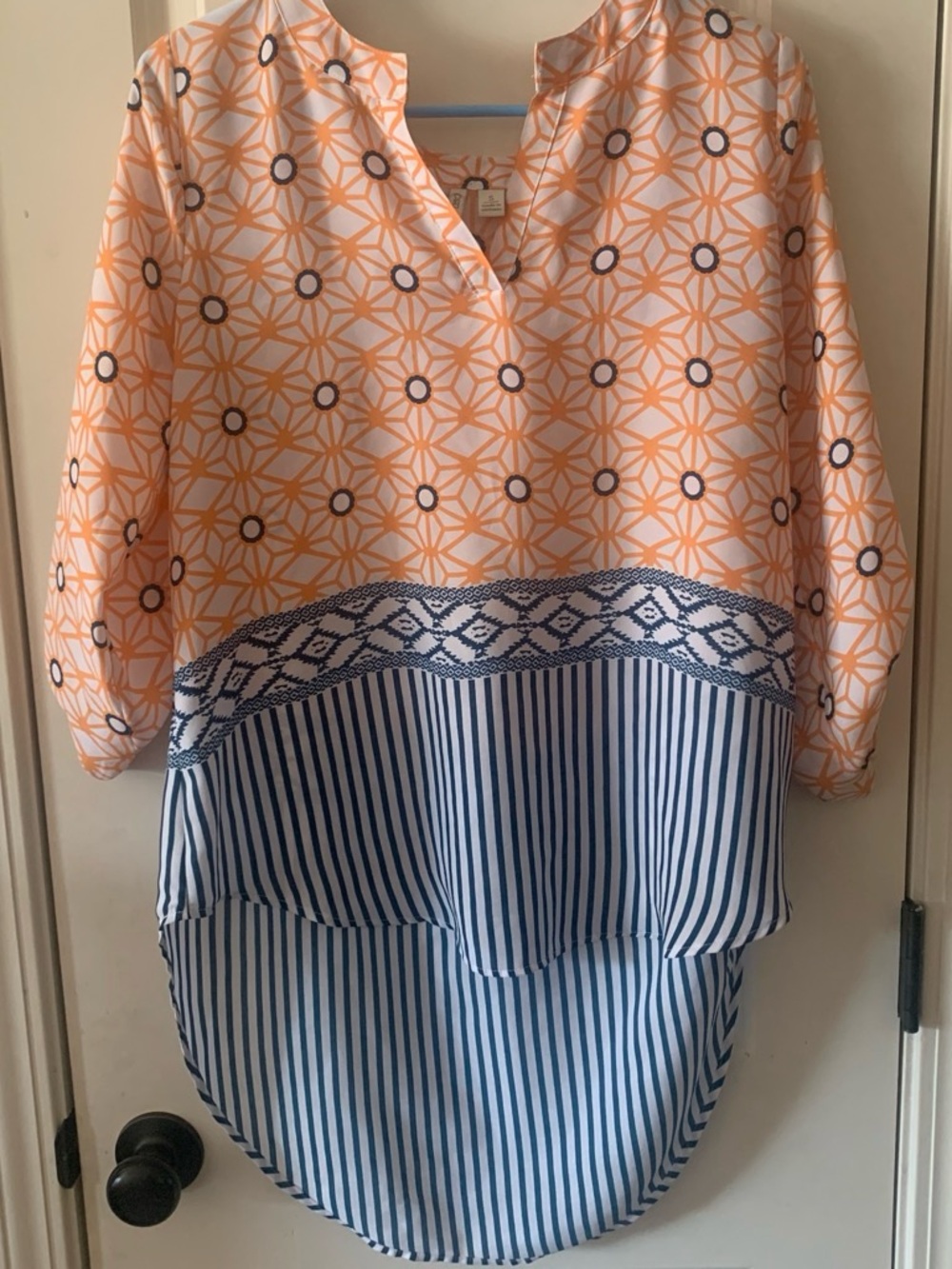 Cato Mixed-Print High-Low Tunic in Peach and Blue